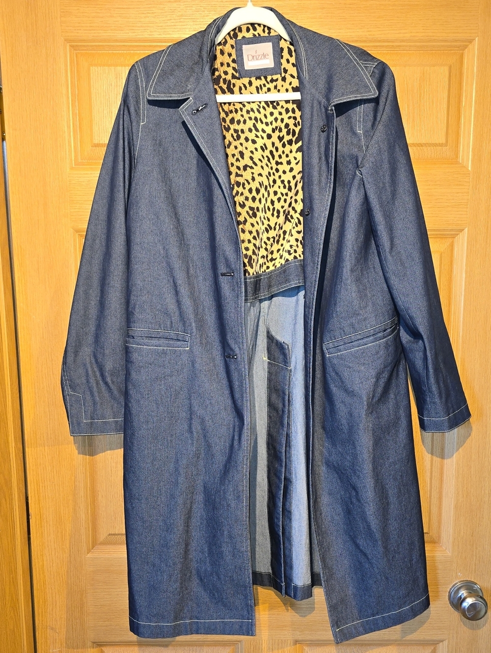 Dazzle Denim Trench Coat in Dark Blue with Leopard Lining